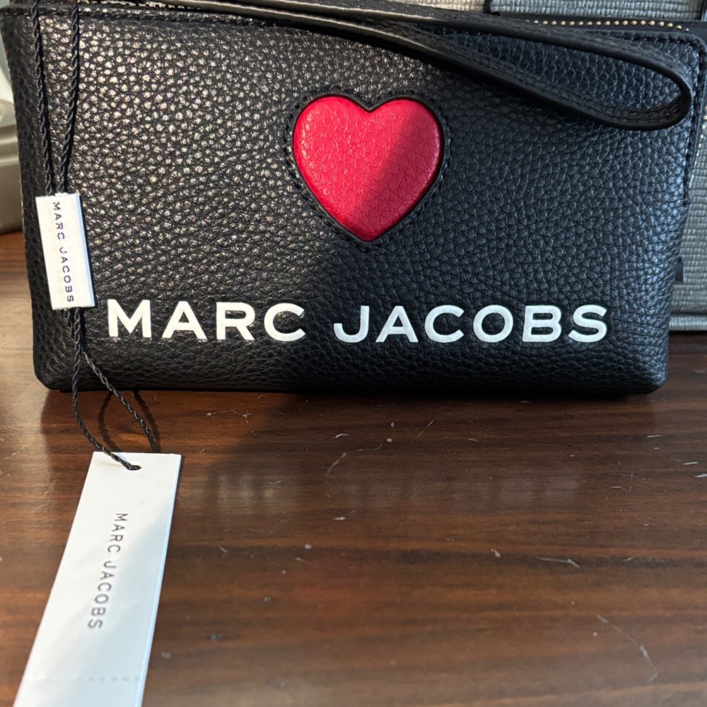 Marc Jacobs Black Pebbled Leather Wristlet with Red Heart Accent